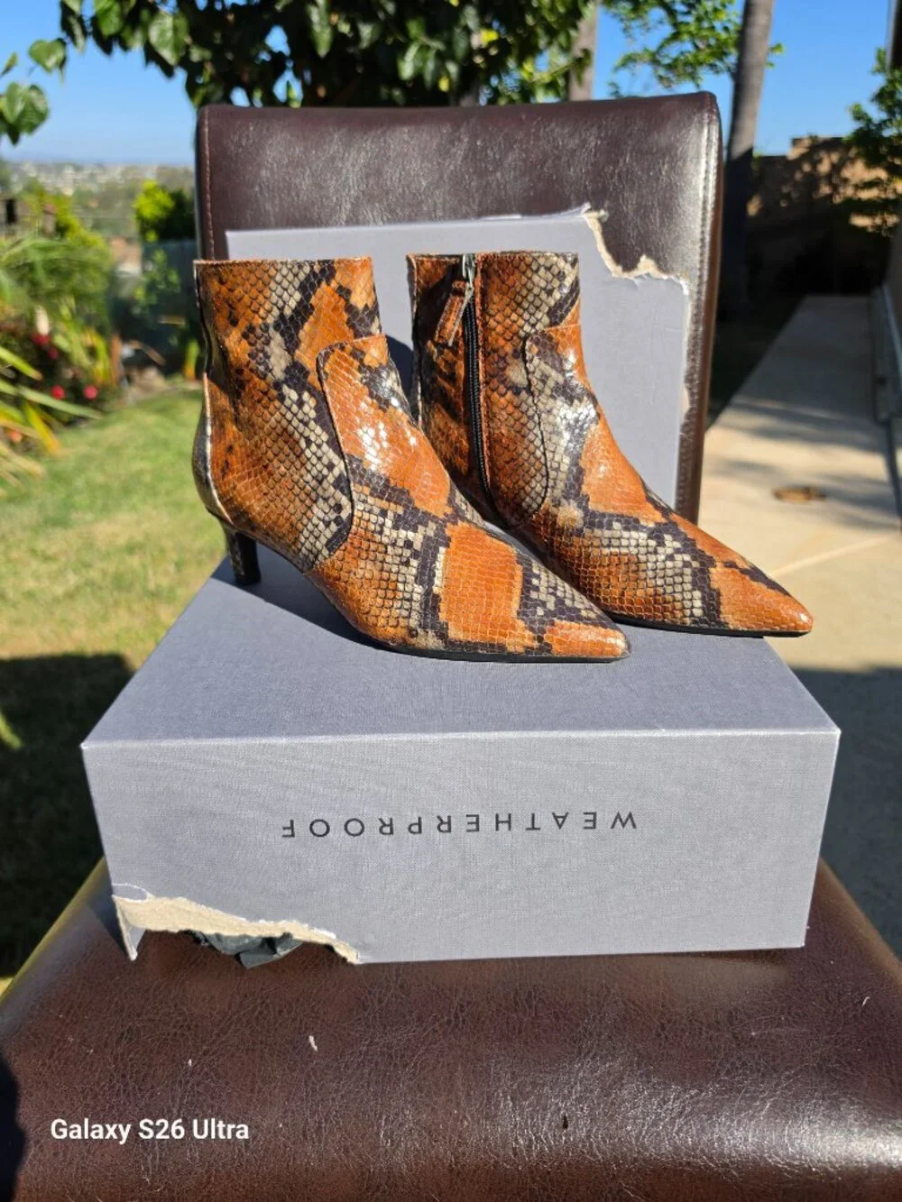 AQUATALIA Cognac Snake Print Leather Marilisa Kitten Heel Booties 7.5M w/ Box